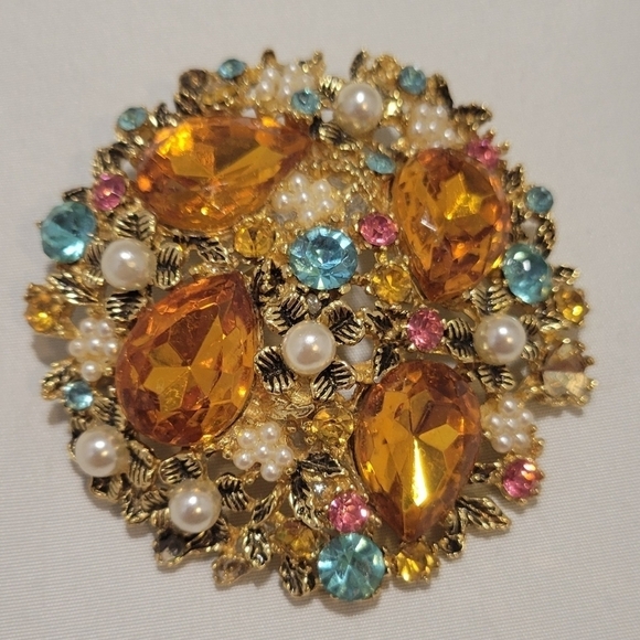 1970s vintage gold tone brooch, pin, lapel pin, reto costume jewelry rhinestone - Picture 2 of 7